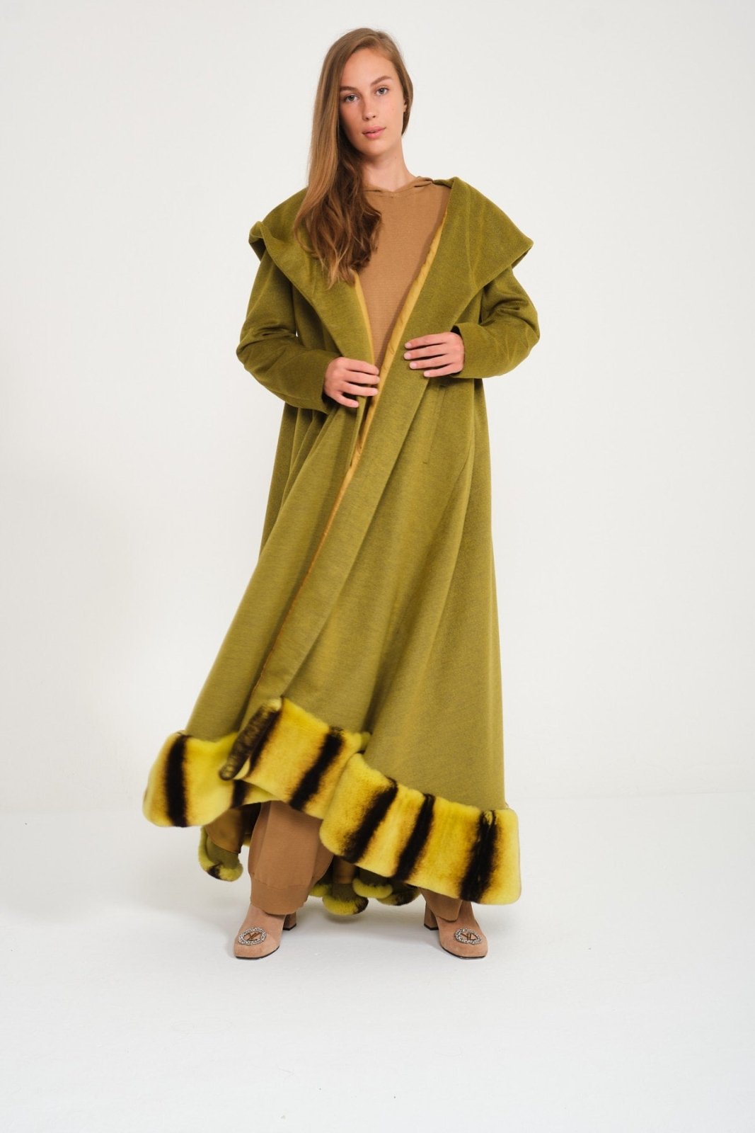 Green Hooded Wool Rex Fur Abaya - ADAMO