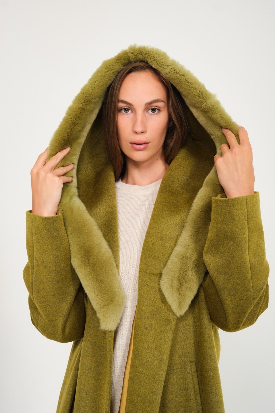 Green Hooded Wool Rex Fur Abaya - ADAMO