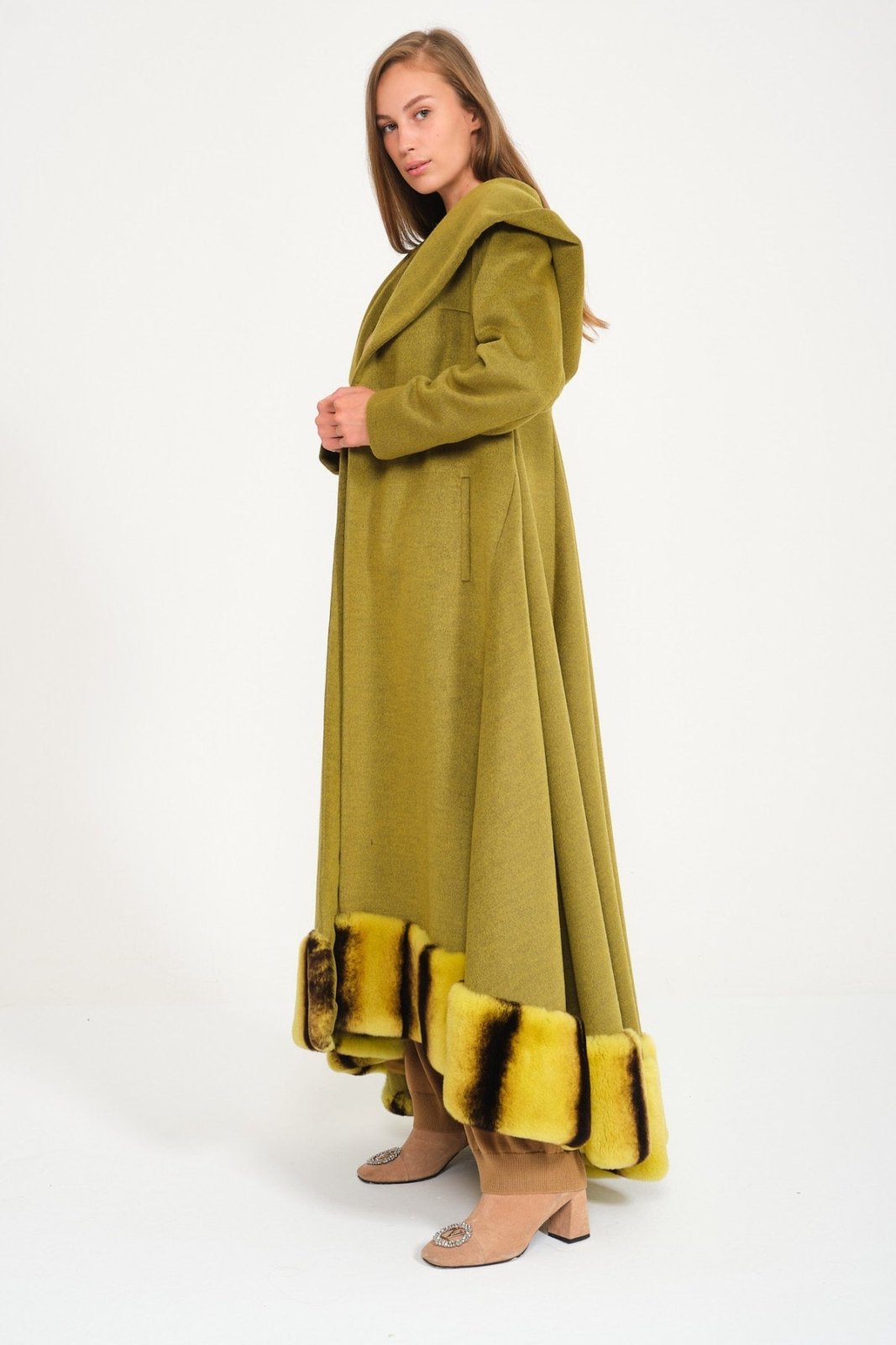 Green Hooded Wool Rex Fur Abaya - ADAMO