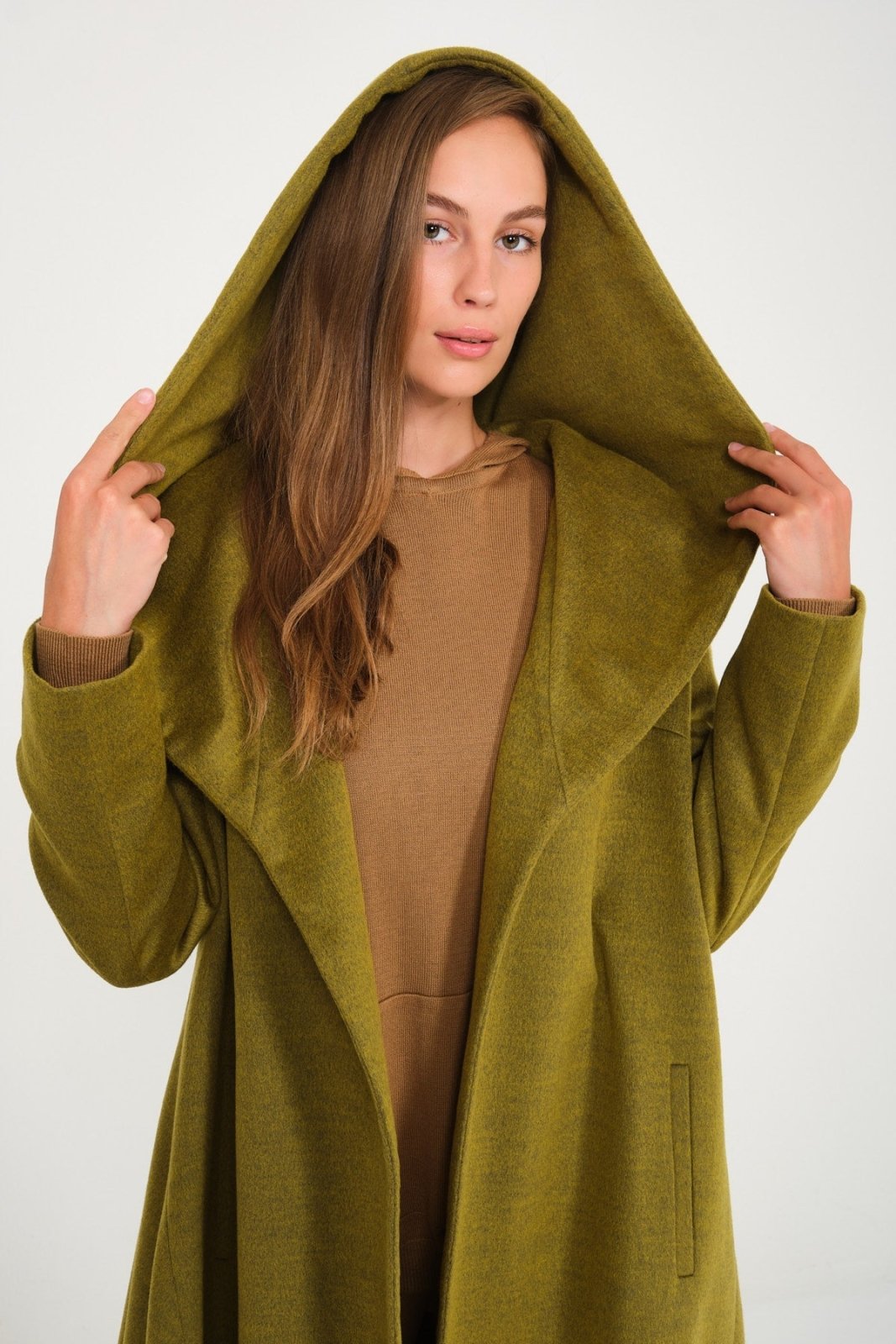 Green Hooded Wool Rex Fur Abaya - ADAMO