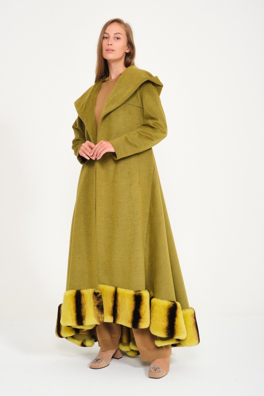 Green Hooded Wool Rex Fur Abaya - ADAMO