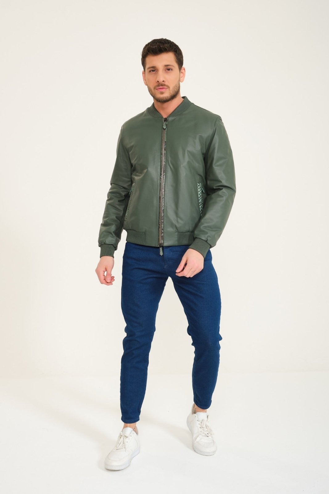 Green Leather Bomber Jacket - ADAMO