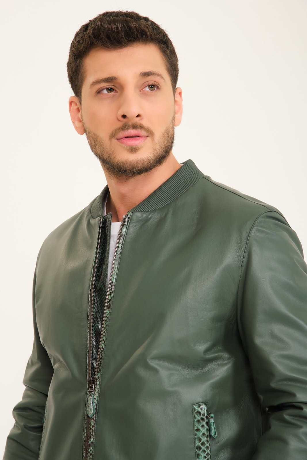 Green Leather Bomber Jacket - ADAMO