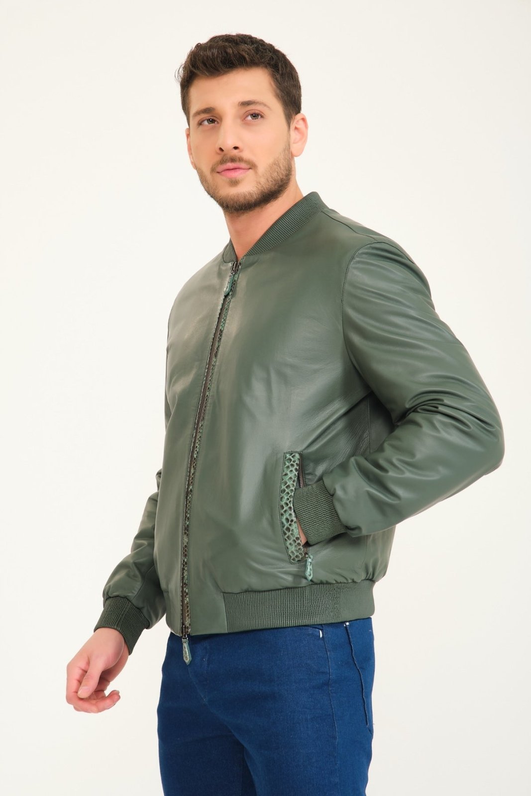 Green Leather Bomber Jacket - ADAMO