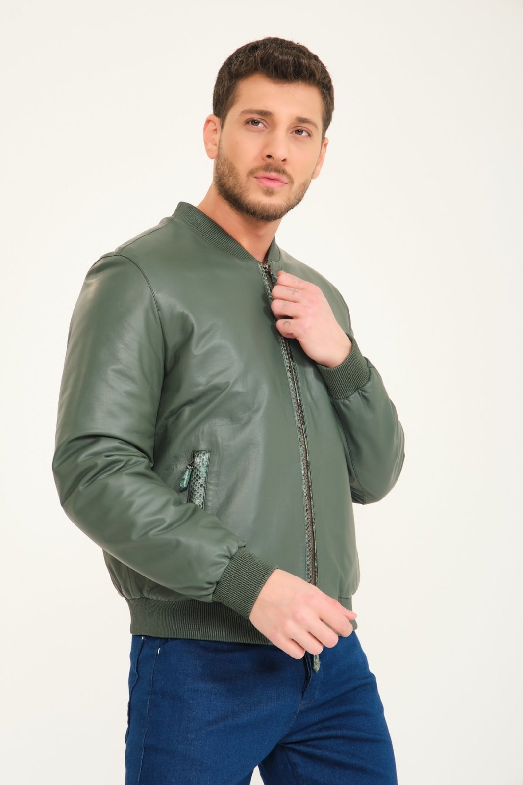 Green Leather Bomber Jacket - ADAMO