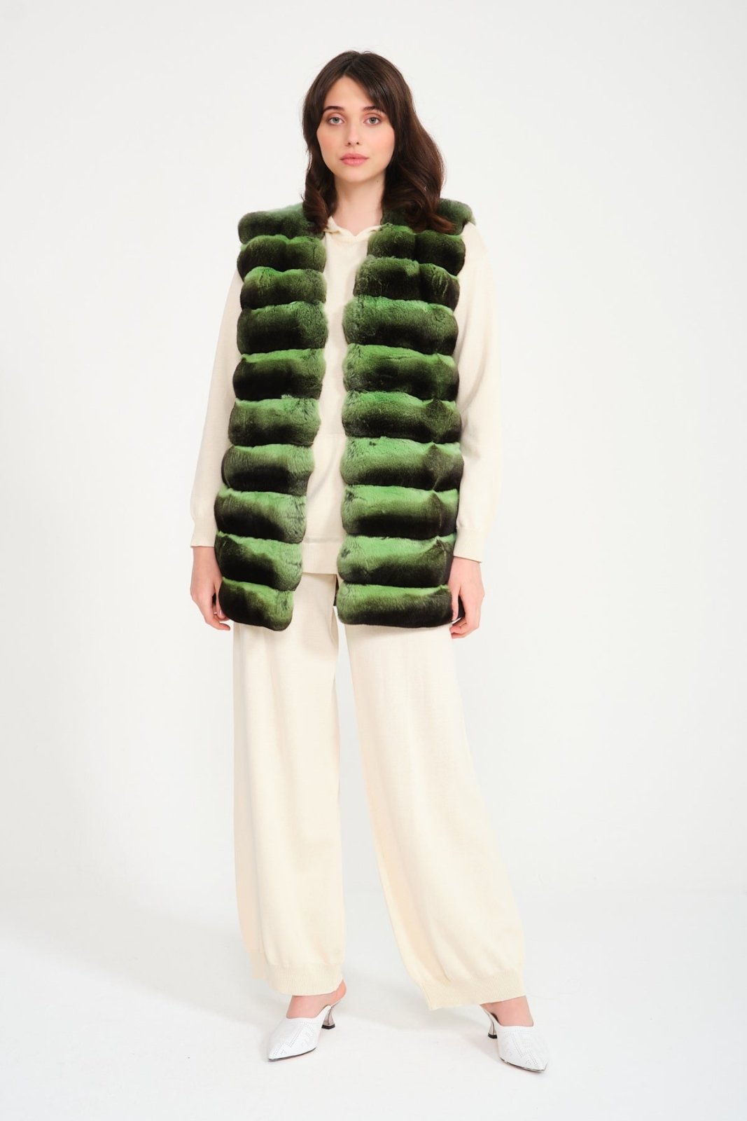 Green Long Chinchilla Fur Vest - ADAMO