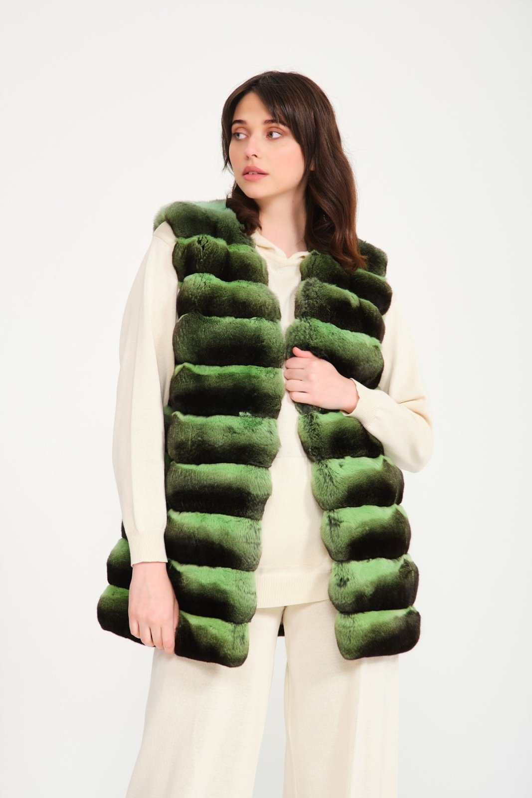 Green Long Chinchilla Fur Vest - ADAMO