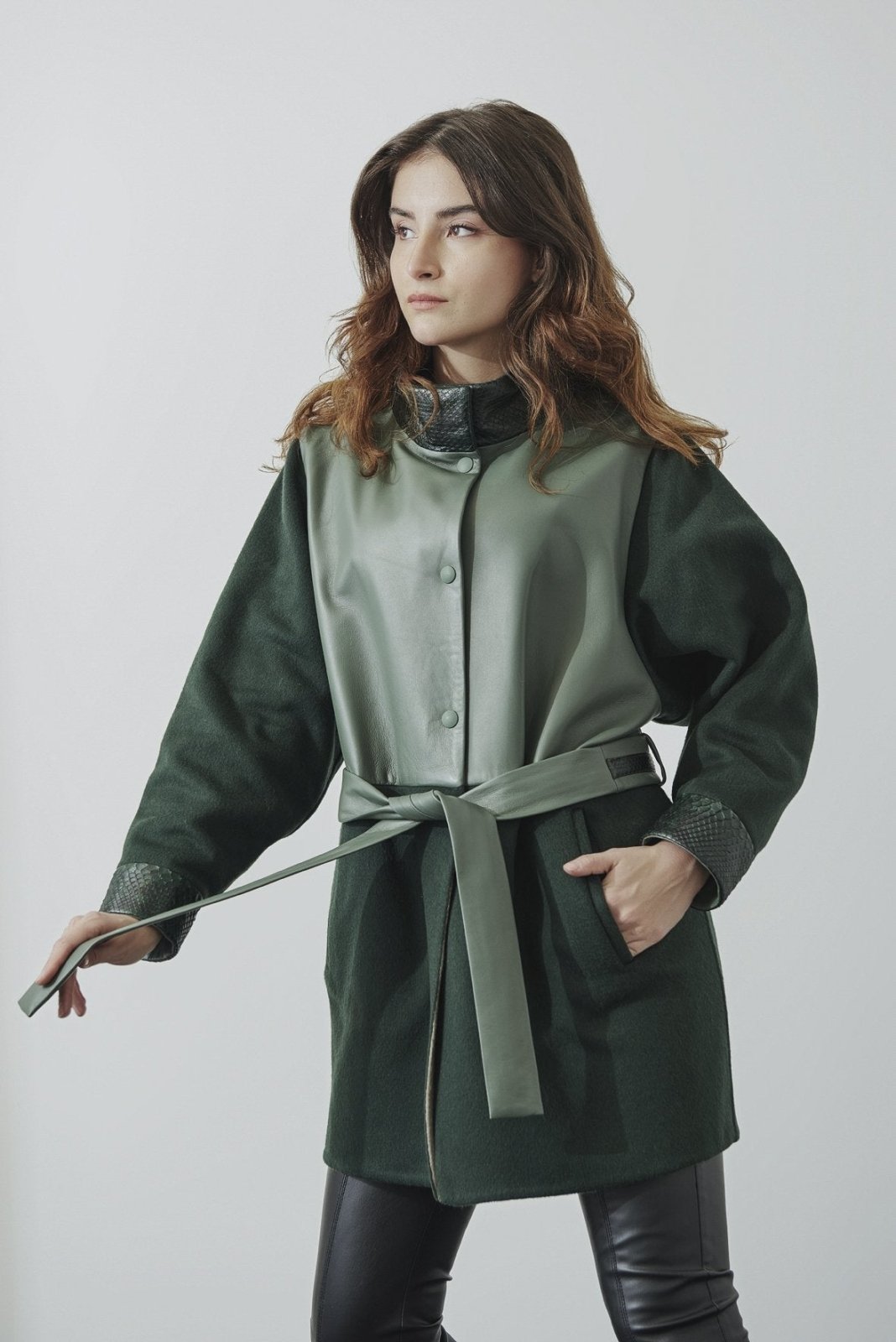 Green Long Leather Coat - ADAMO