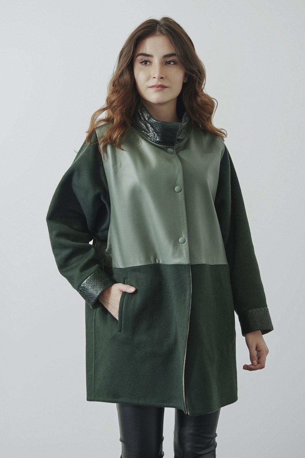 Green Long Leather Coat - ADAMO