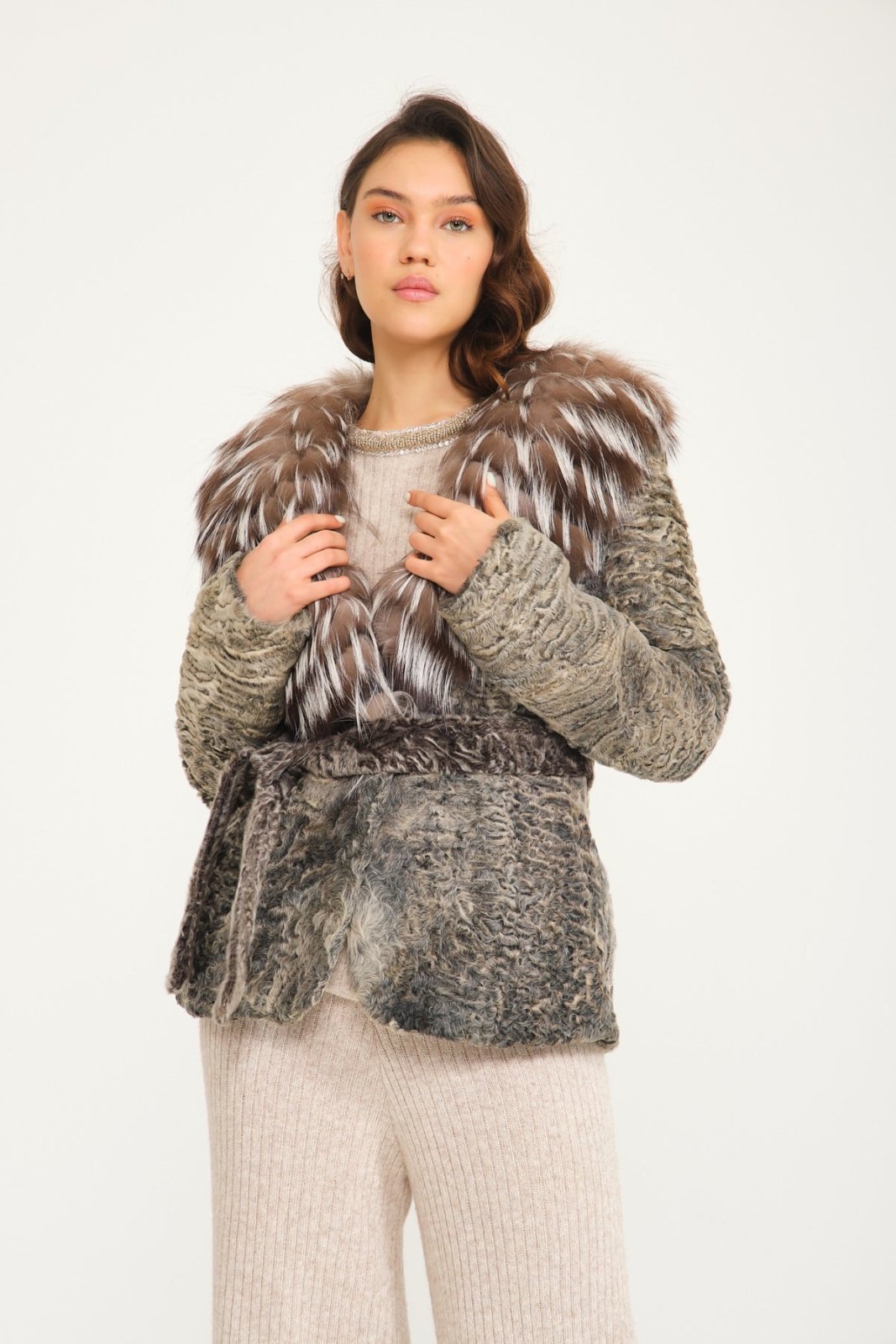 Grey Astrakhan & Fox Fur Coat - ADAMO