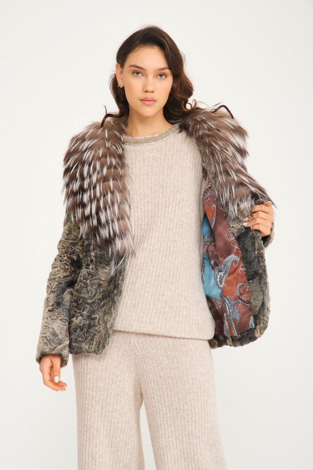 Grey Astrakhan & Fox Fur Coat - ADAMO