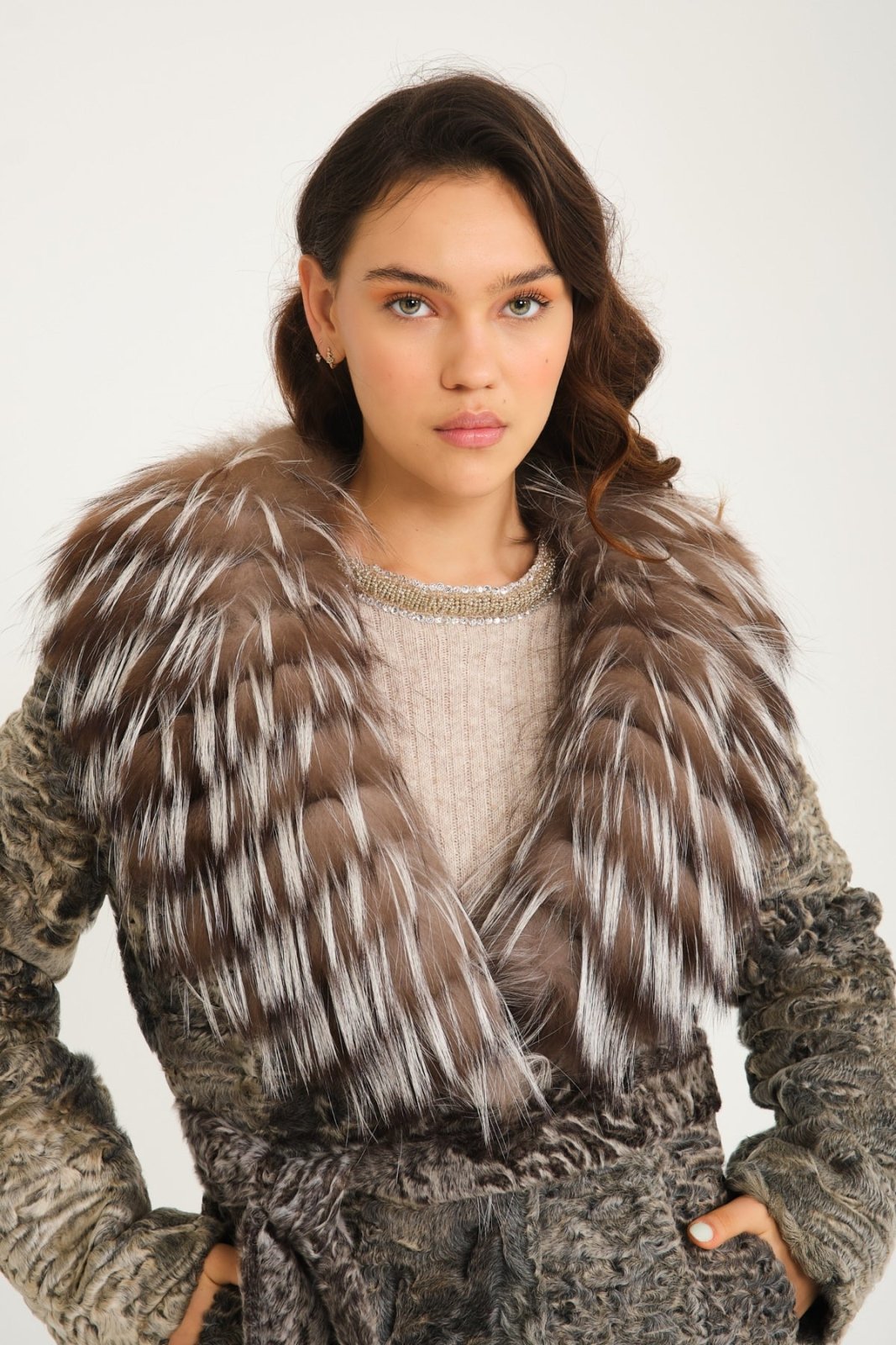 Grey Astrakhan & Fox Fur Coat - ADAMO