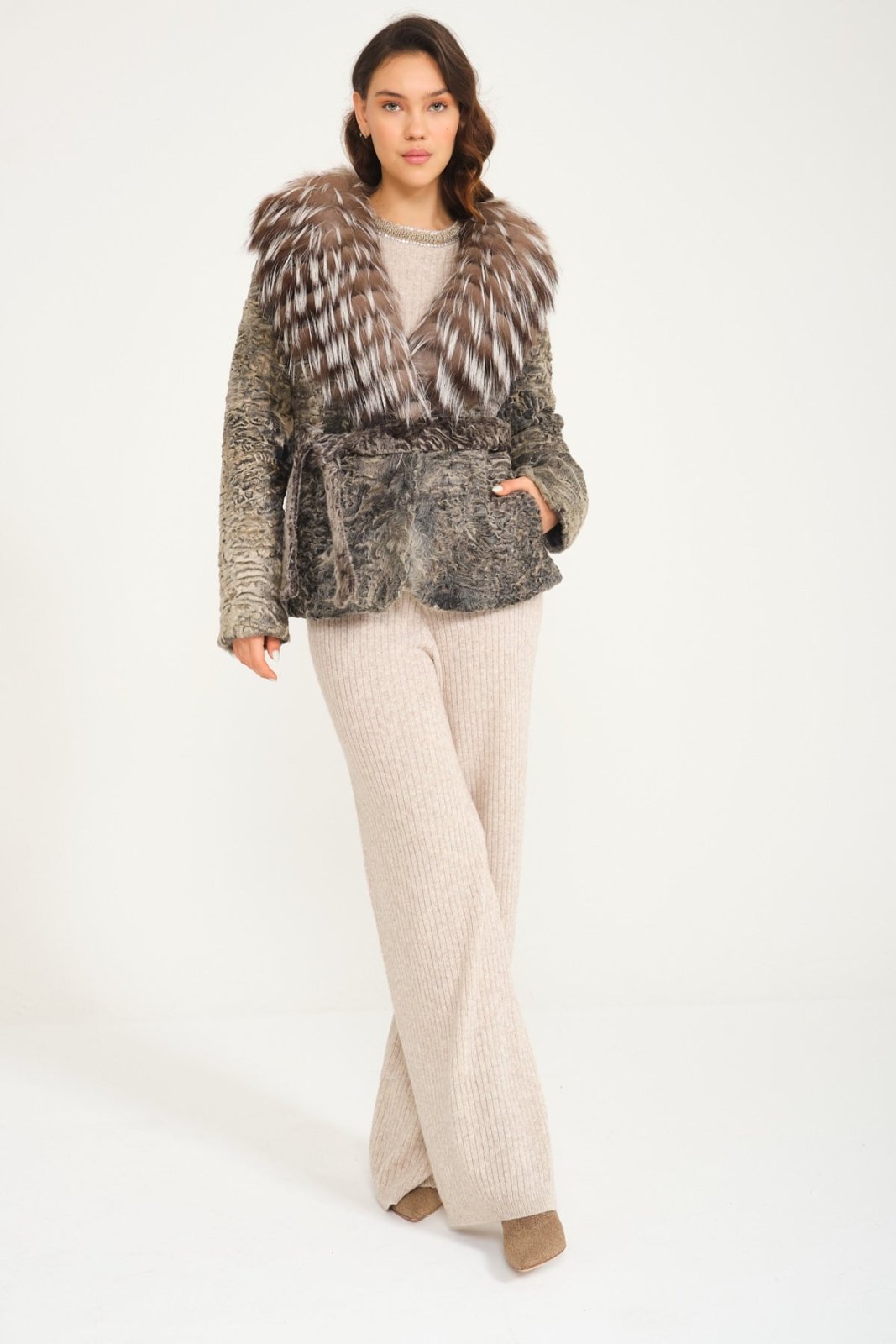 Grey Astrakhan & Fox Fur Coat - ADAMO