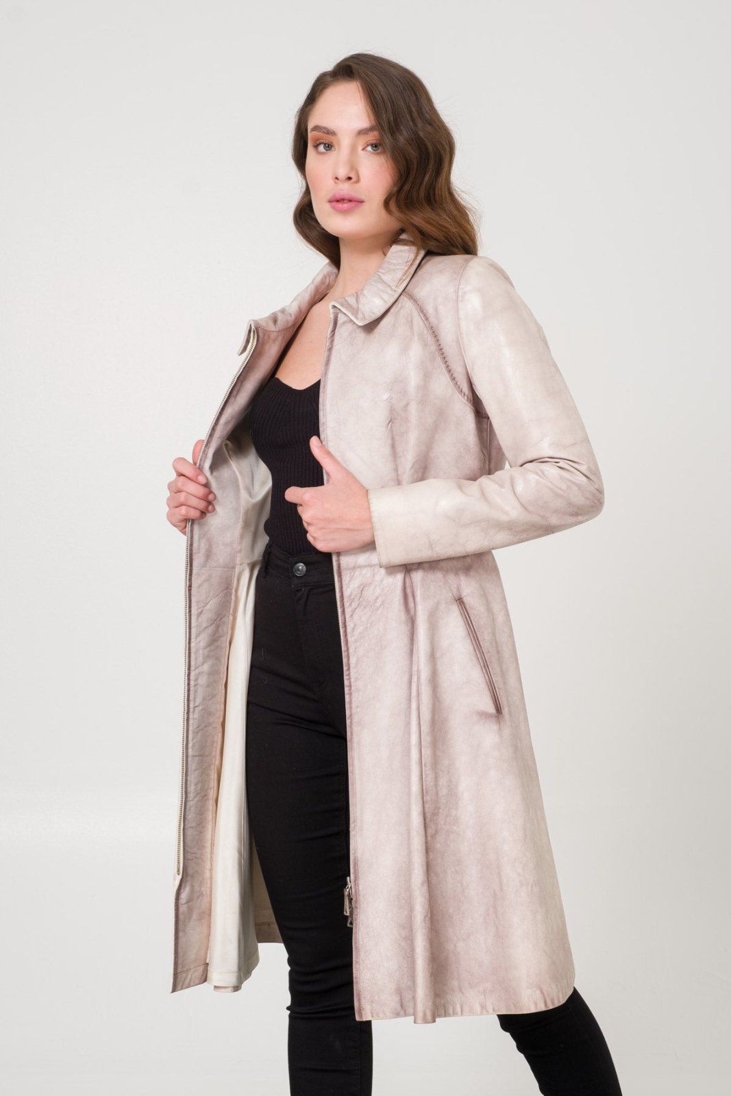 Grey Leather Coat - ADAMO