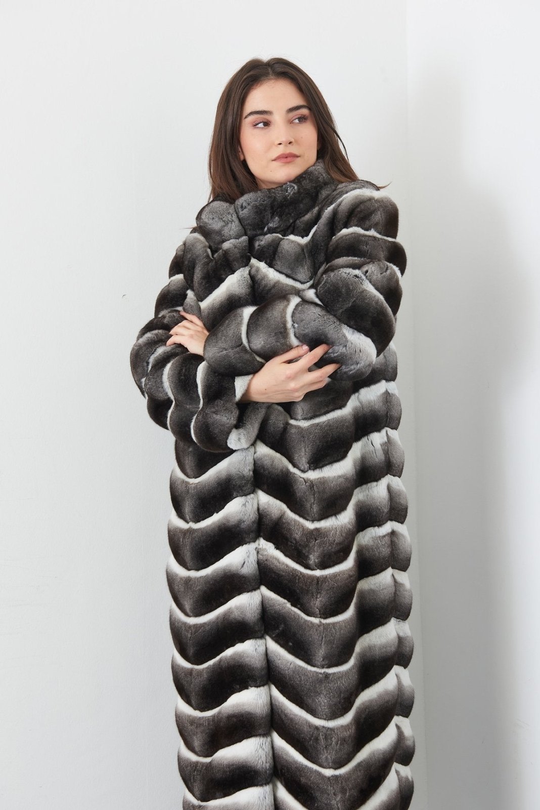 Grey Long Chinchilla Fur Coat - ADAMO