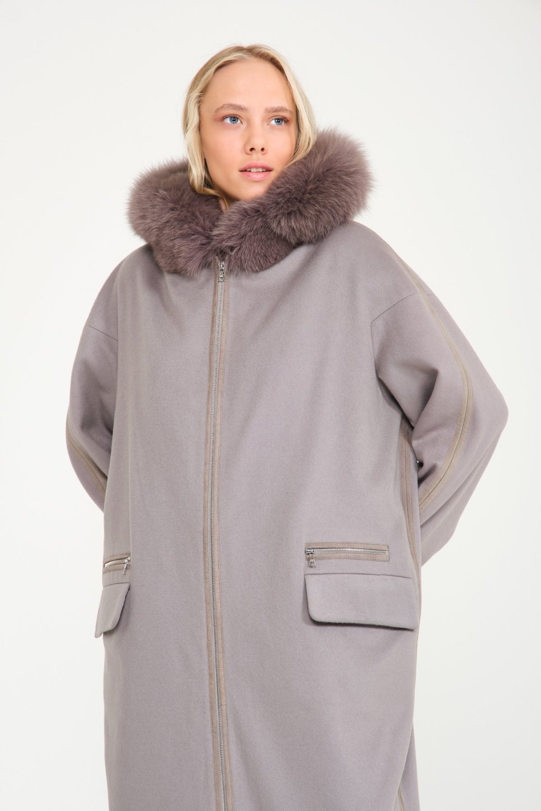 Grey Long Fox Fur Coat - ADAMO