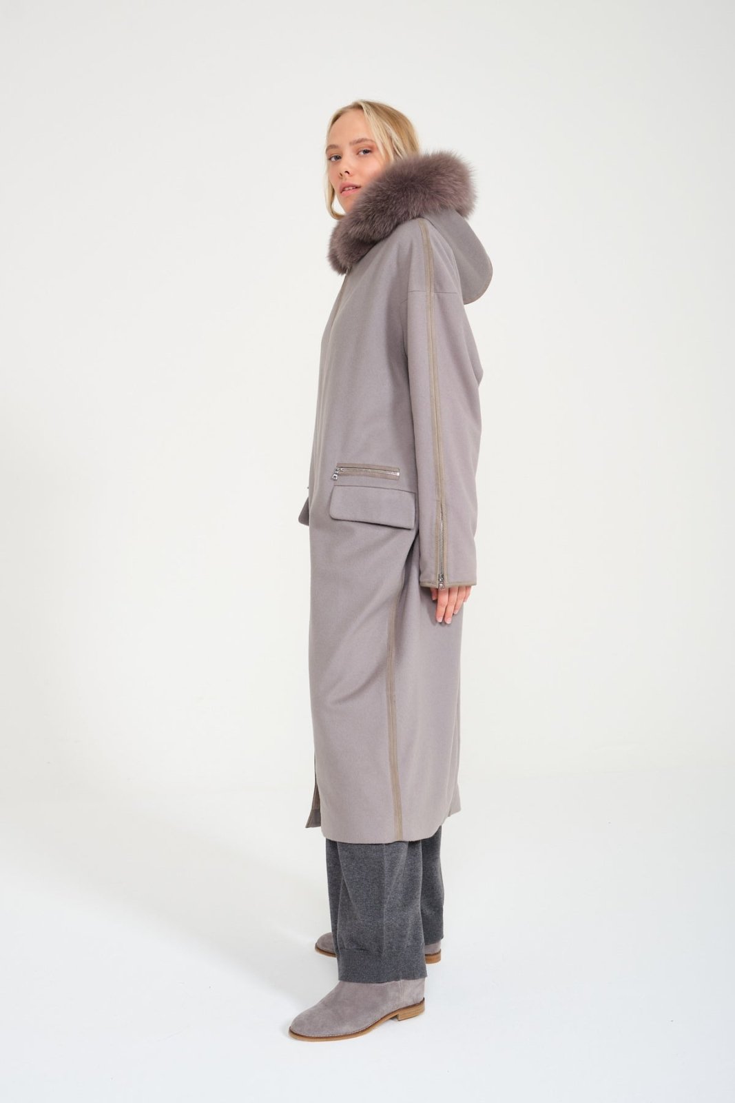 Grey Long Fox Fur Coat - ADAMO