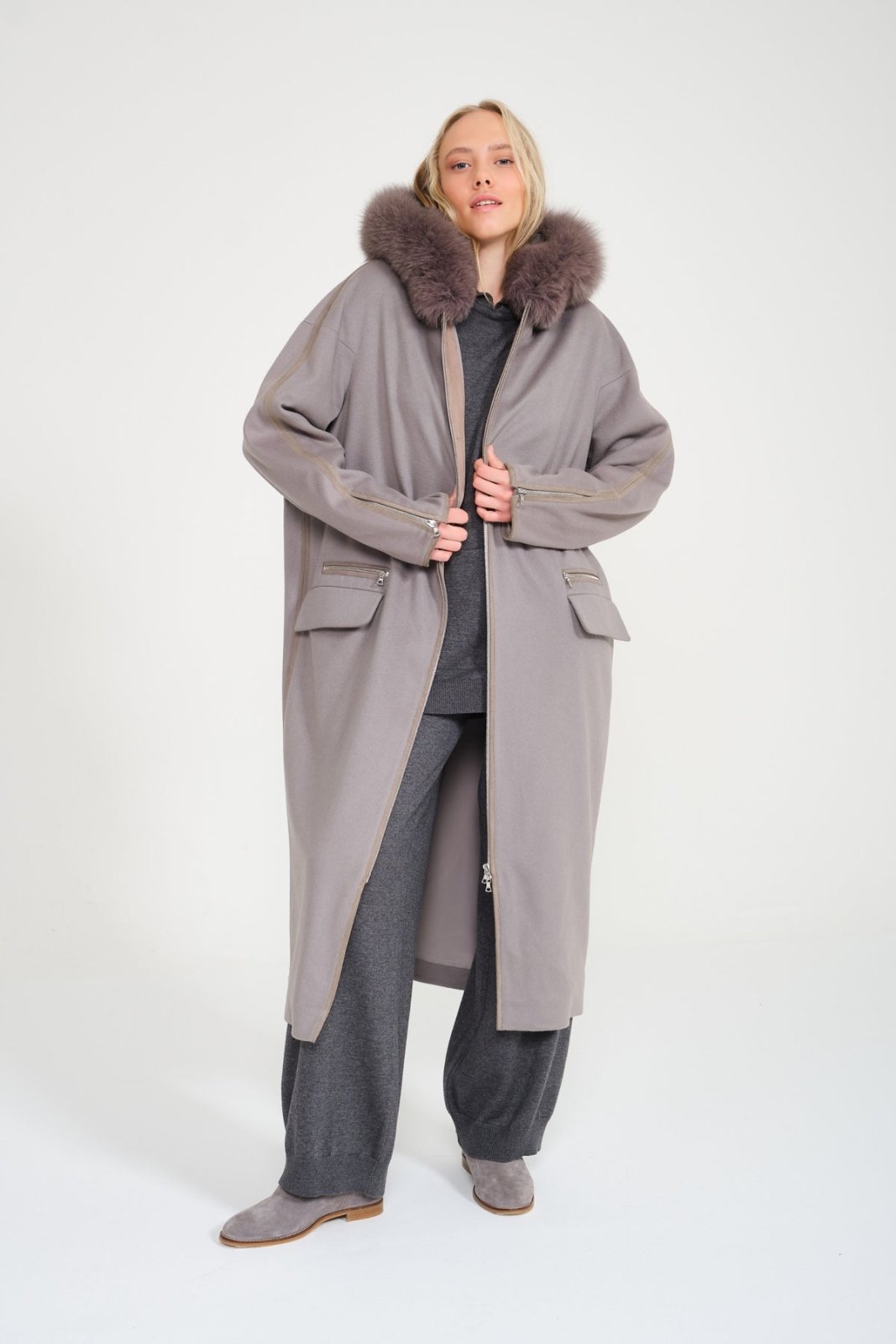 Grey Long Fox Fur Coat - ADAMO