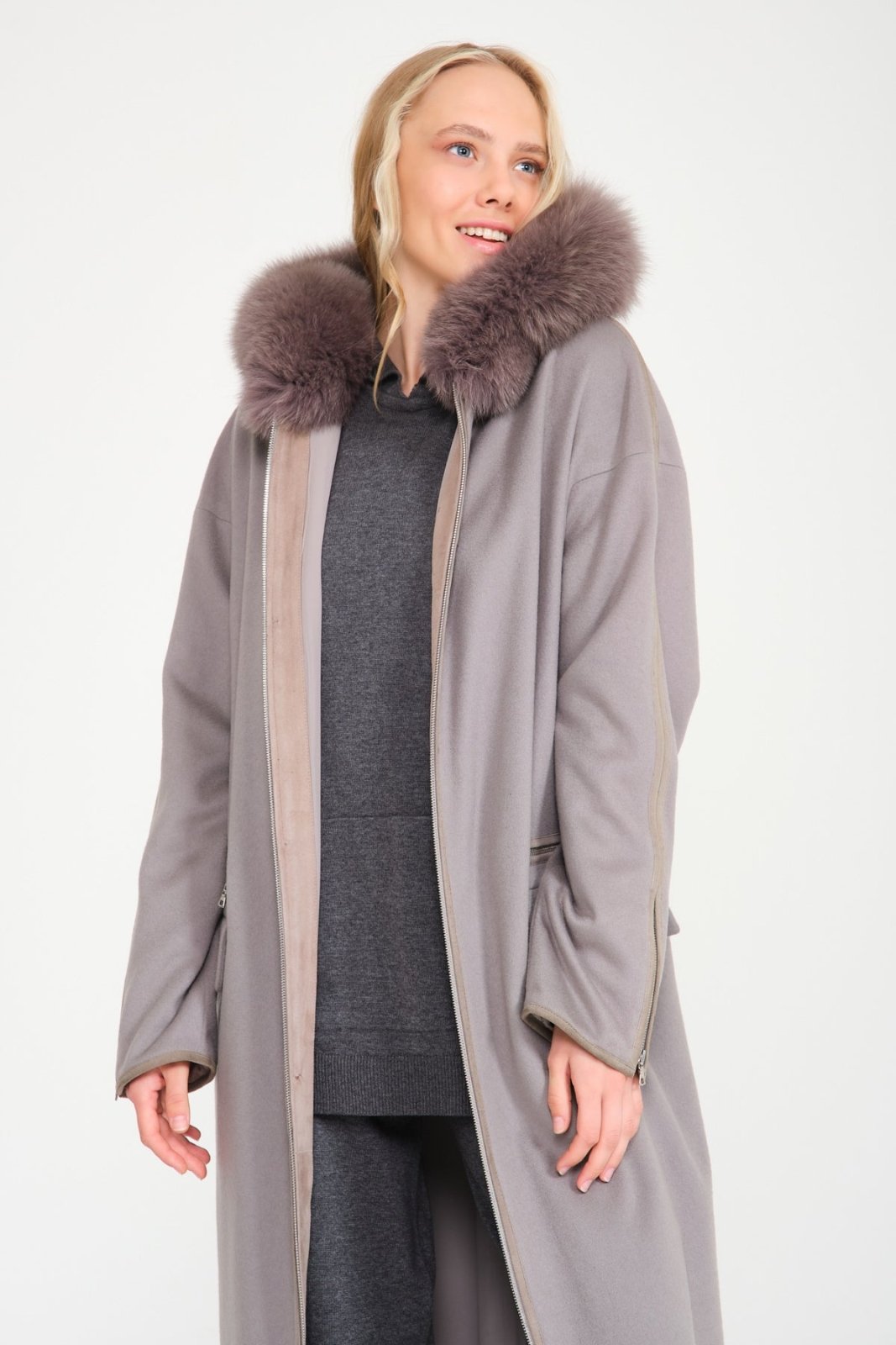 Grey Long Fox Fur Coat - ADAMO