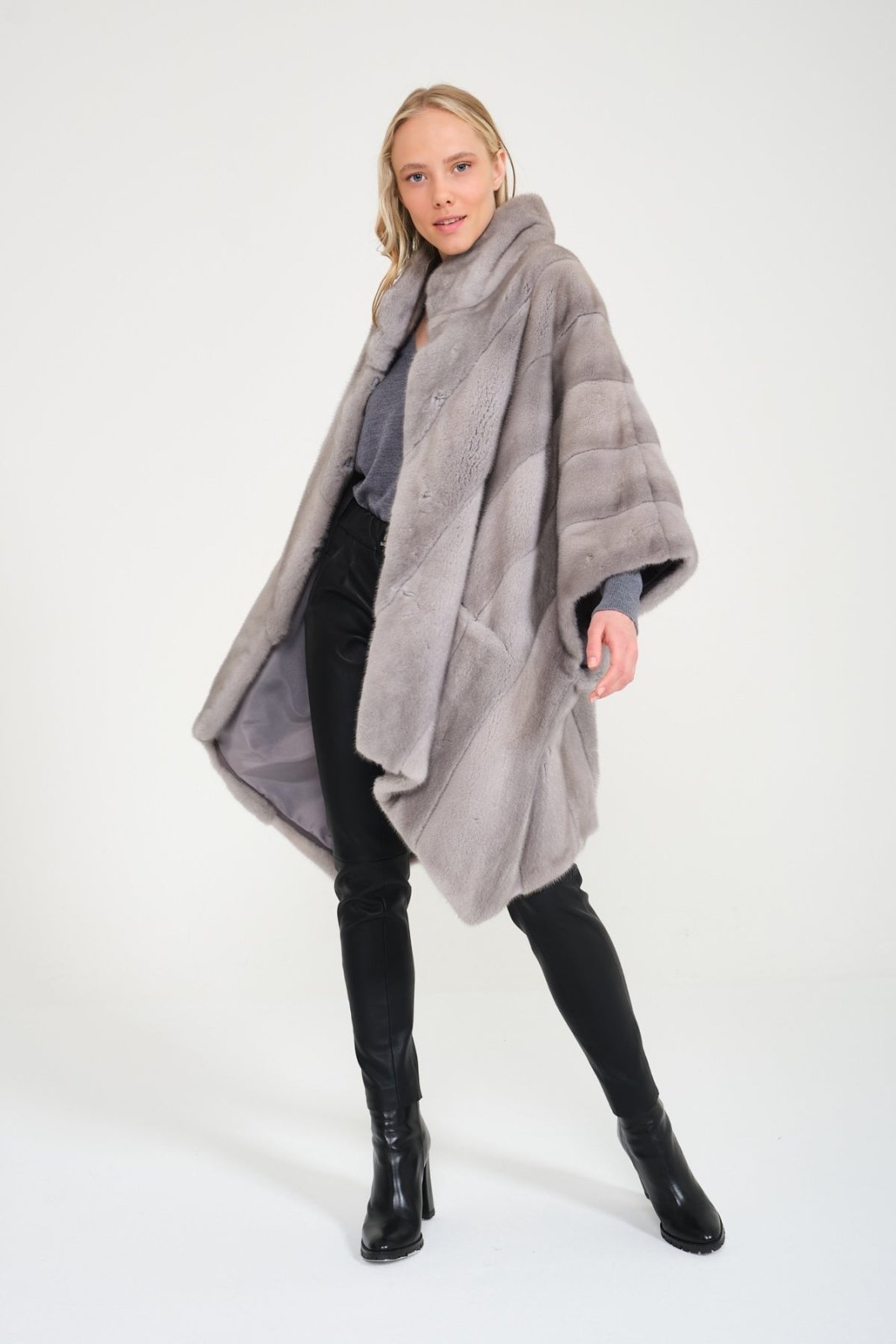 Grey Long Mink Fur Coat - ADAMO