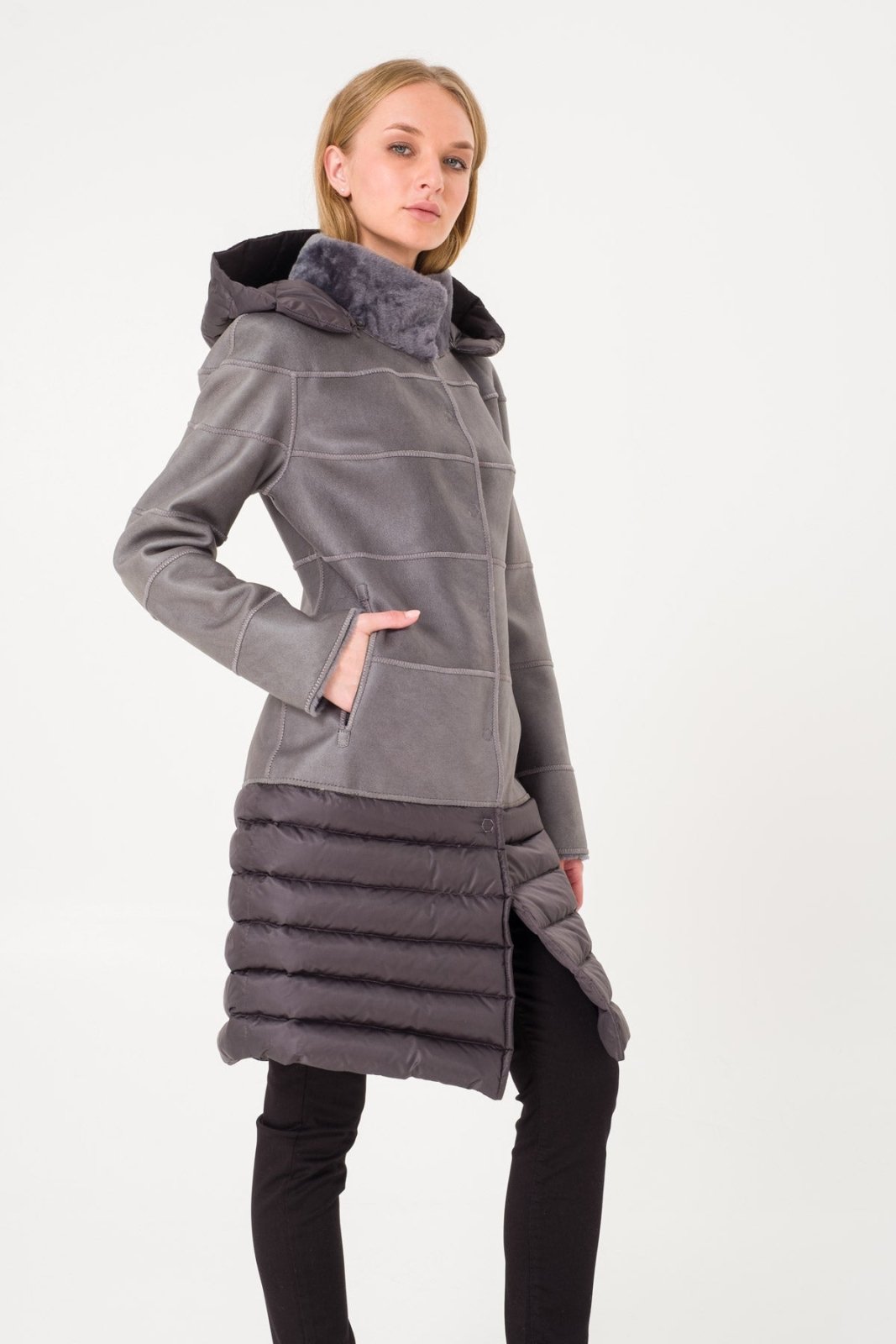 Grey Long Shearling Coat - ADAMO