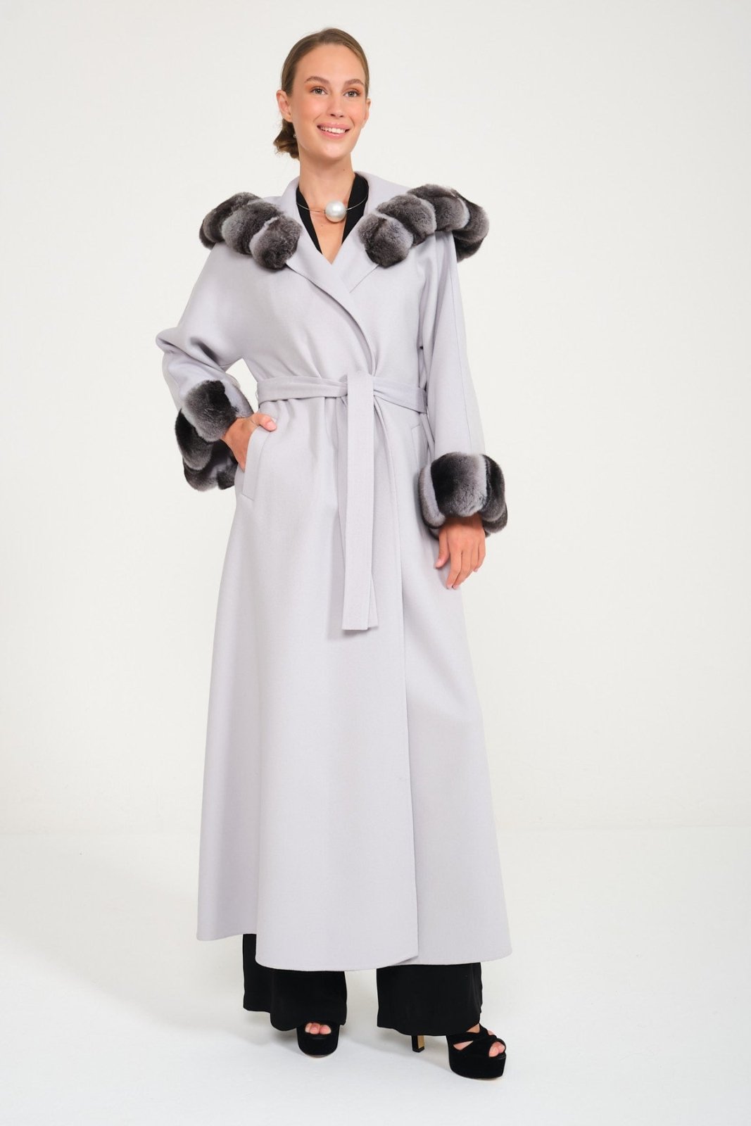 Ice Grey Hooded Wool Chinchilla Fur Abaya - ADAMO