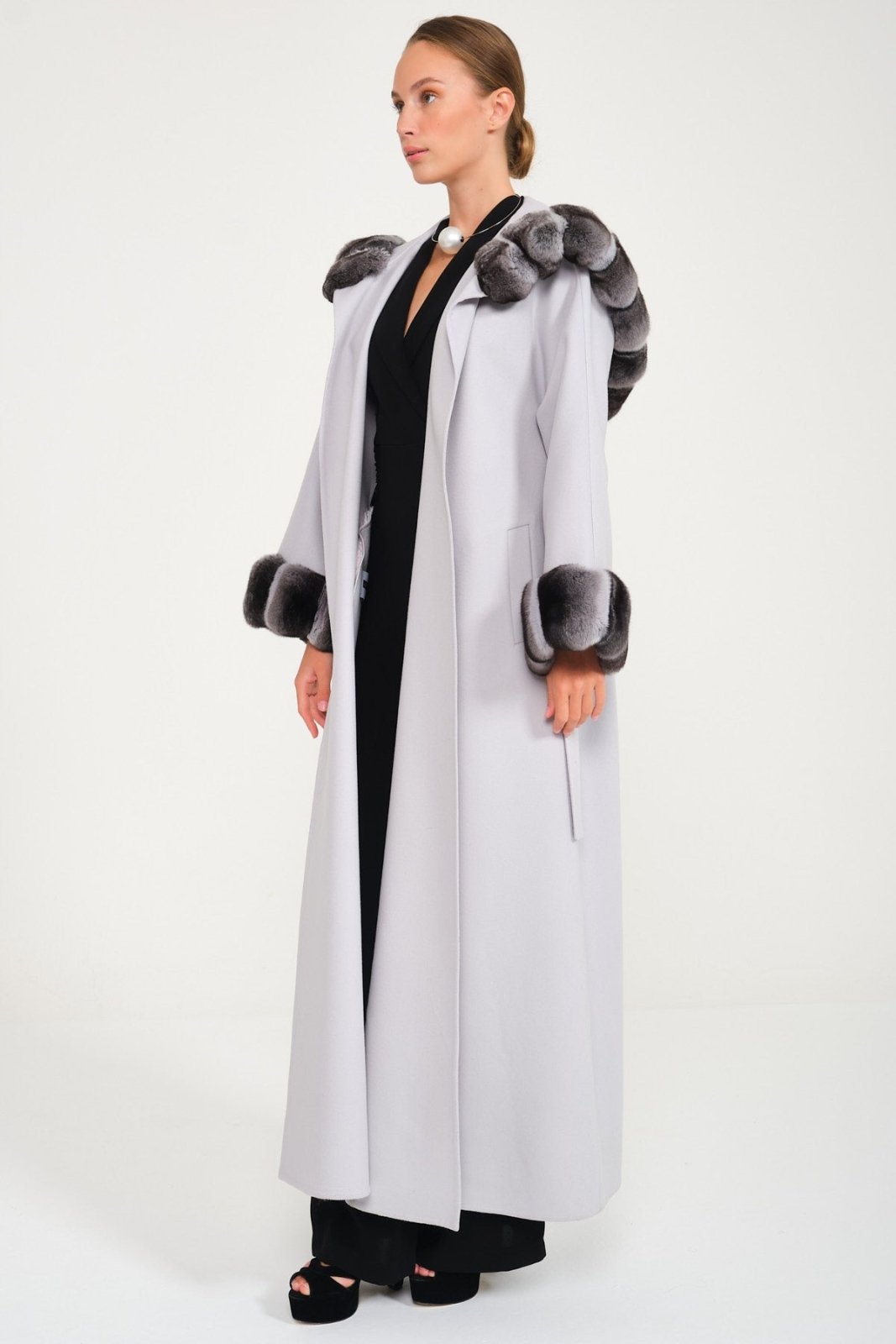 Ice Grey Hooded Wool Chinchilla Fur Abaya - ADAMO