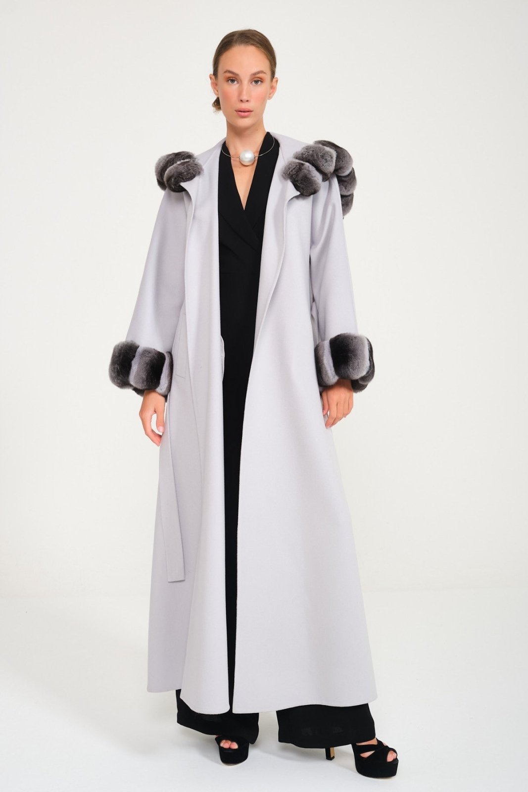 Ice Grey Hooded Wool Chinchilla Fur Abaya - ADAMO