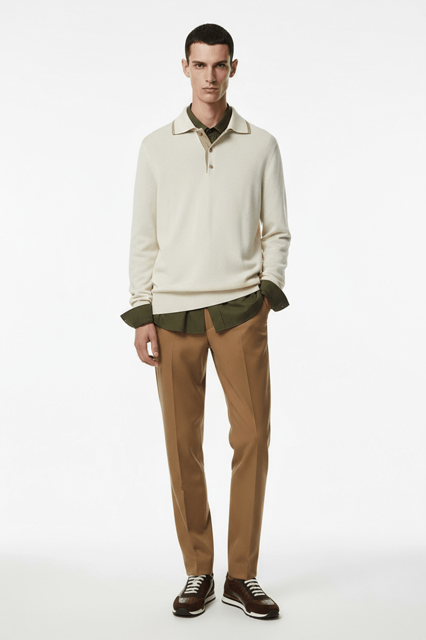 Ivory Contrast - Trim Cashmere Polo Sweater - ADAMO
