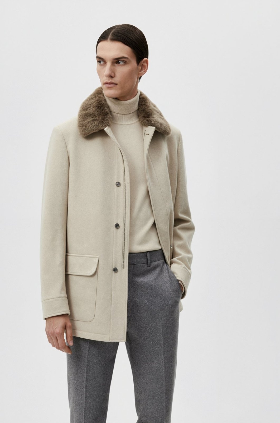 Ivory Crest Wool Coat with Rex Collar - ADAMO