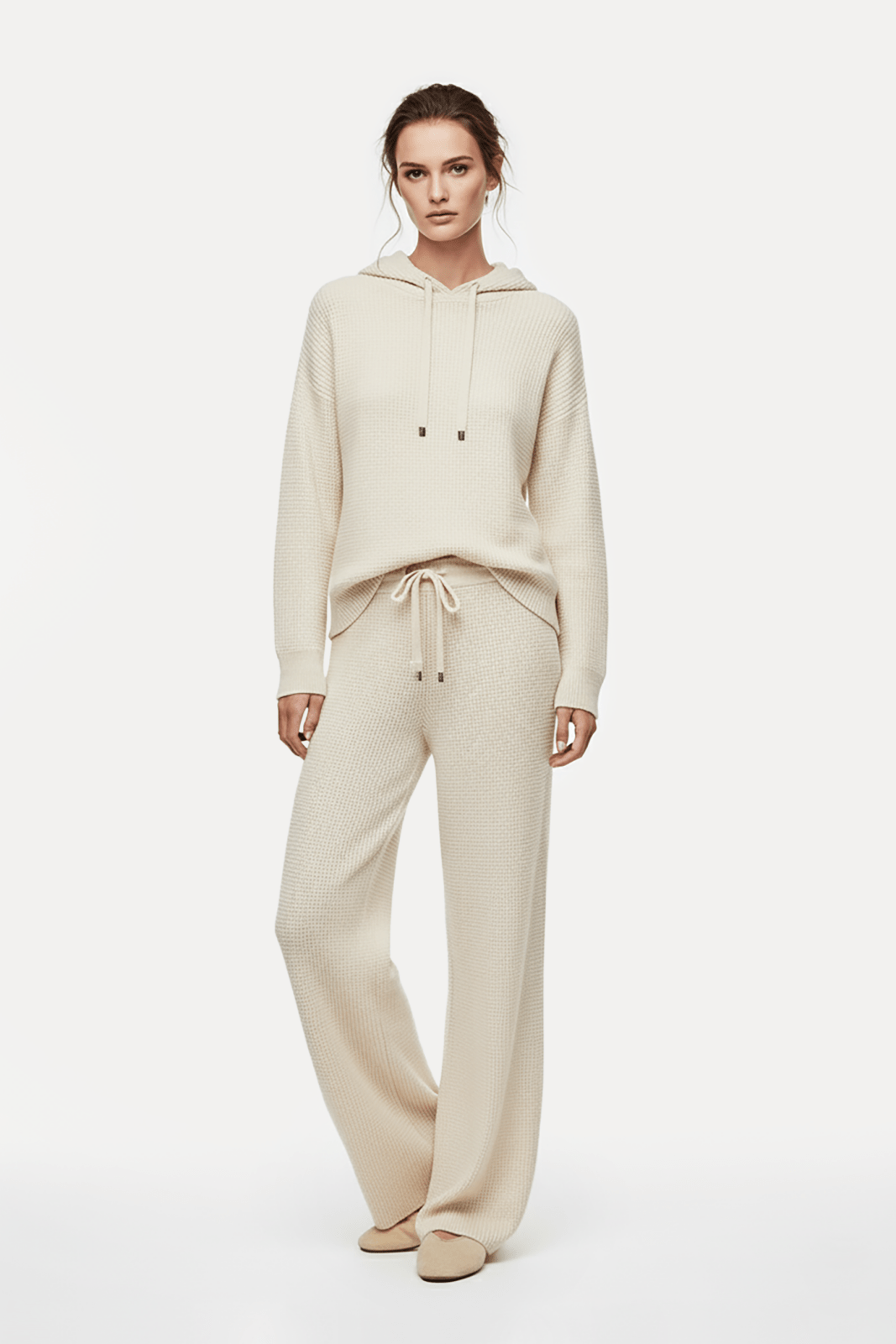 Ivory Textured Knit Hoodie - ADAMO