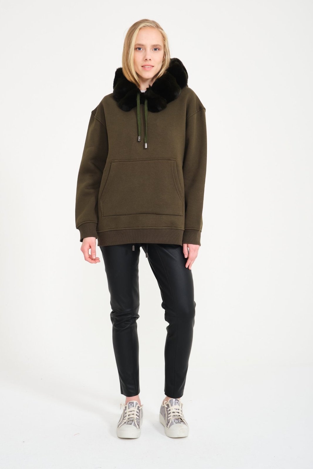 Khaki Chinchilla Fur Lined Hoodie - ADAMO