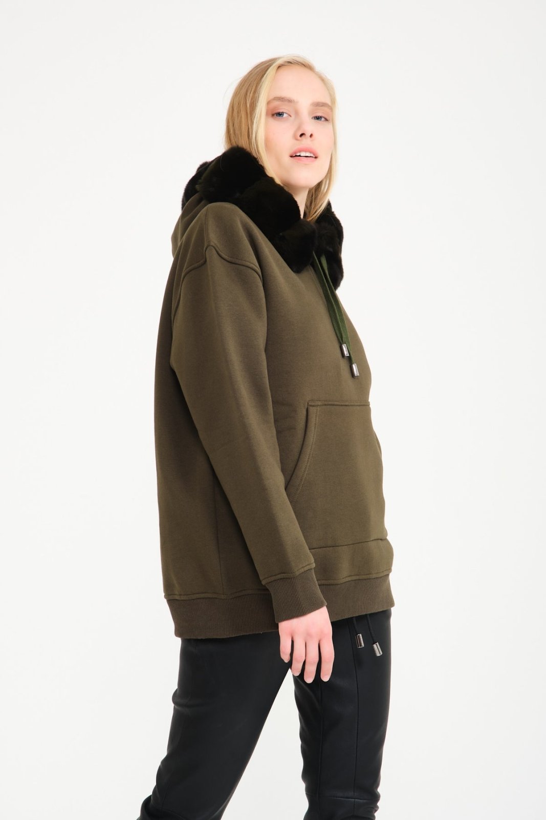 Khaki Chinchilla Fur Lined Hoodie - ADAMO