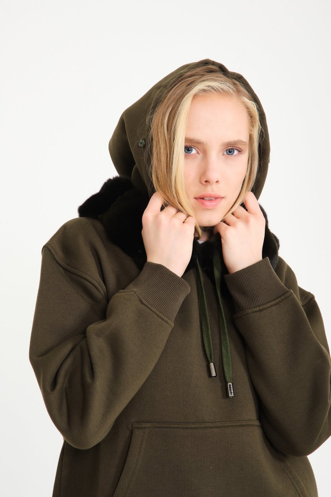 Khaki Chinchilla Fur Lined Hoodie - ADAMO