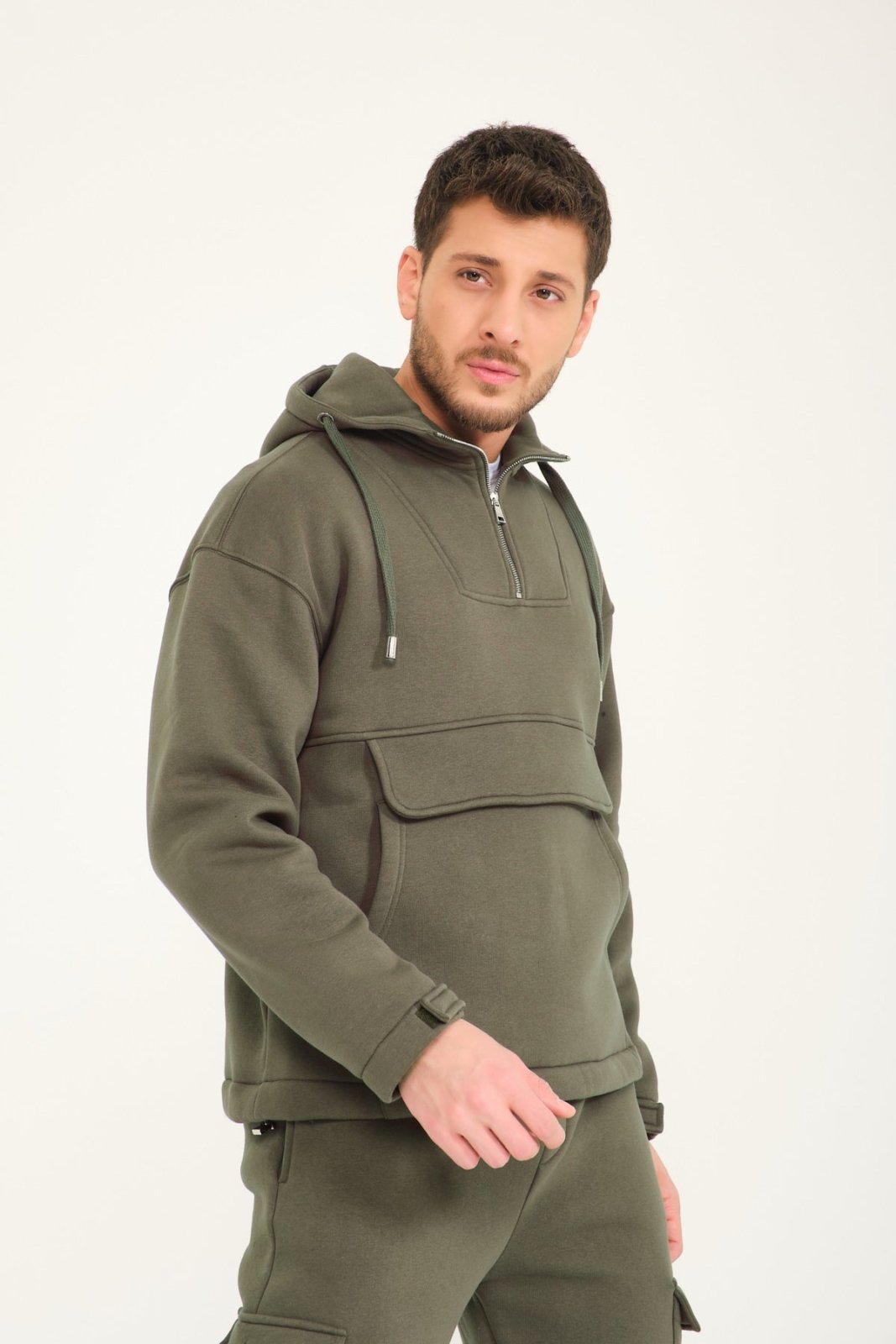 Khaki Half - Zip Hoodie & Jogger Set - ADAMO