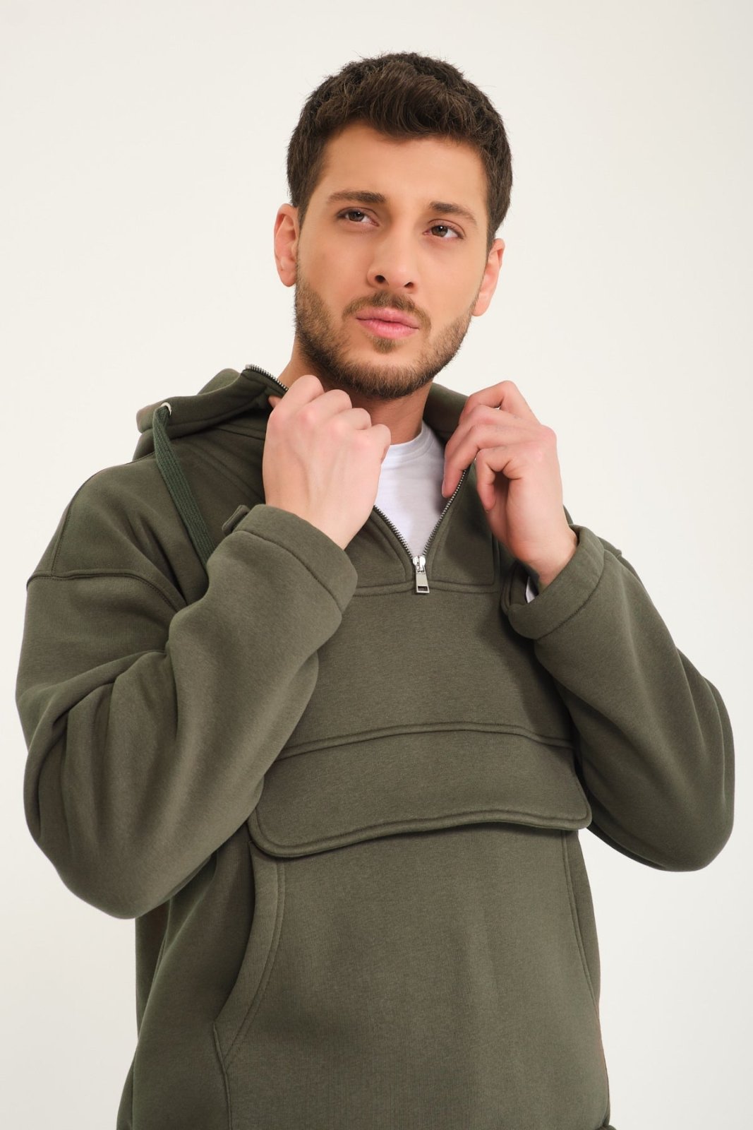 Khaki Half - Zip Hoodie & Jogger Set - ADAMO