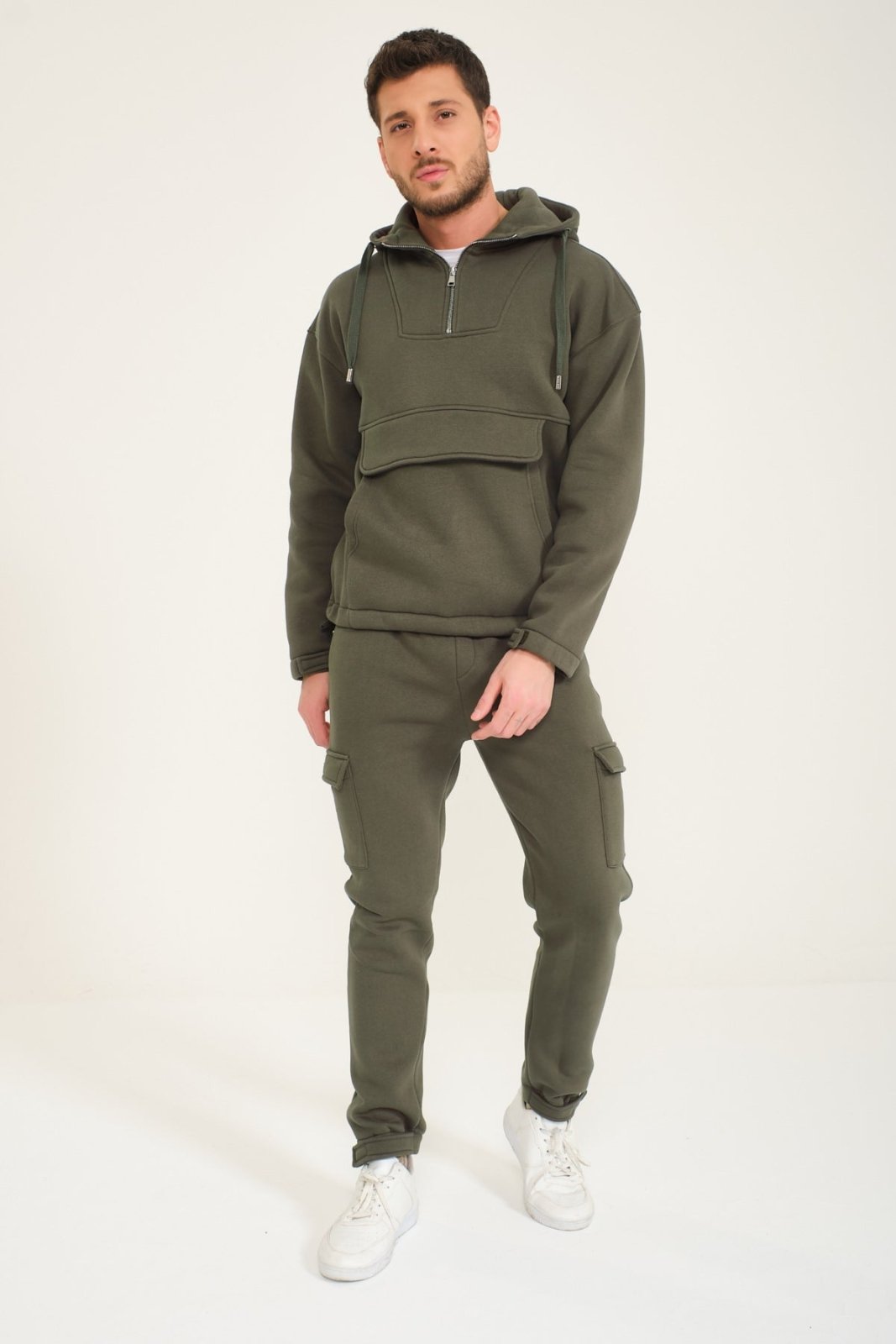 Khaki Half - Zip Hoodie & Jogger Set - ADAMO