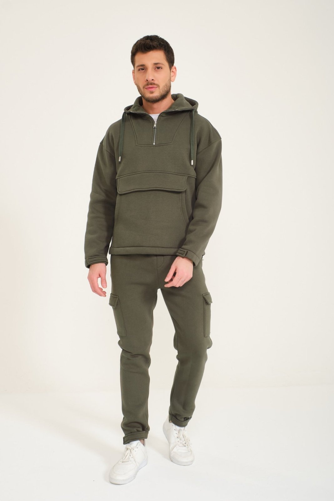 Khaki Half - Zip Hoodie & Jogger Set - ADAMO