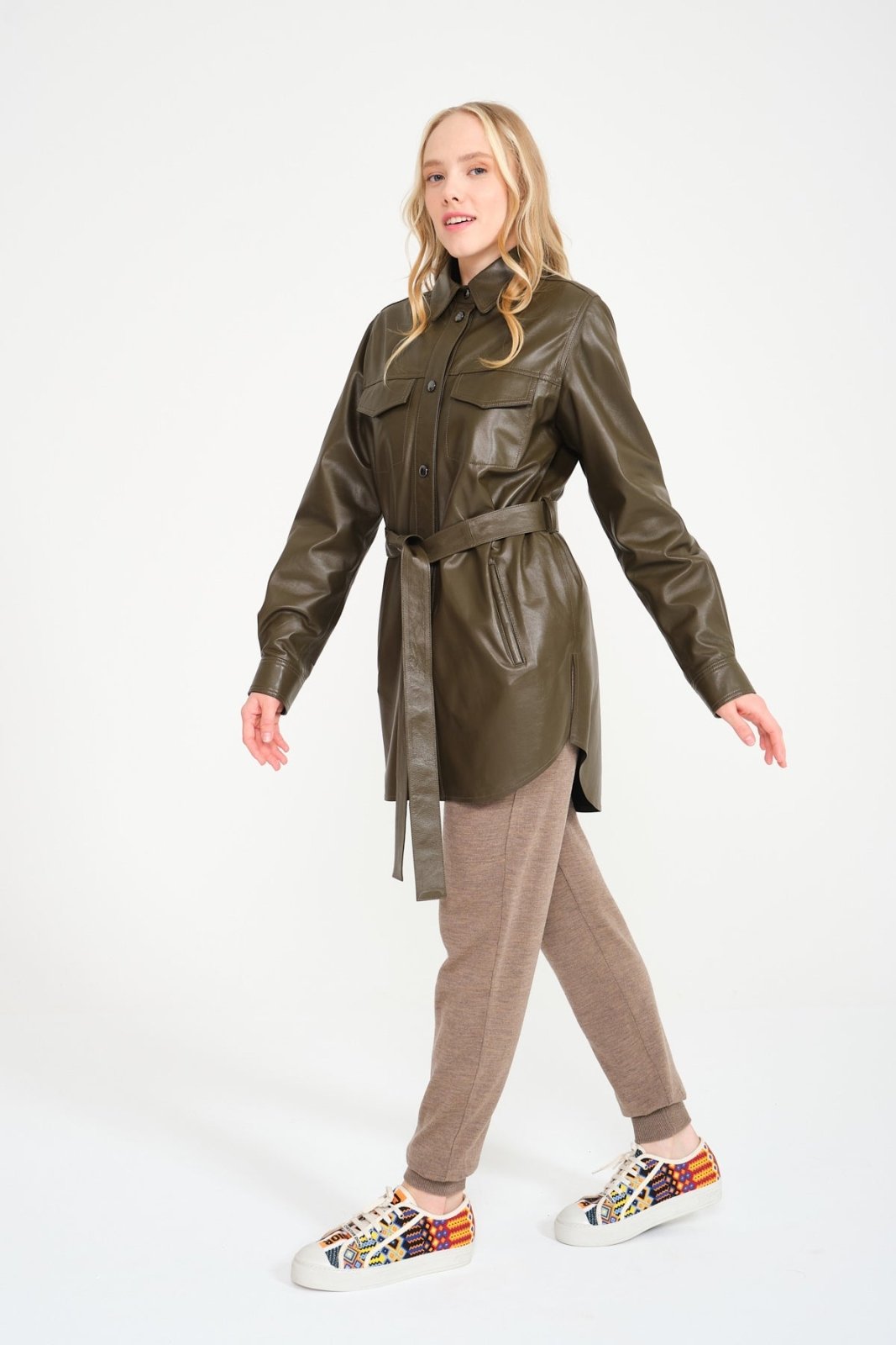 Khaki Leather Coat - ADAMO