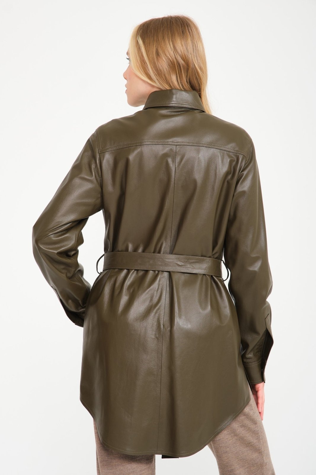 Khaki Leather Coat - ADAMO