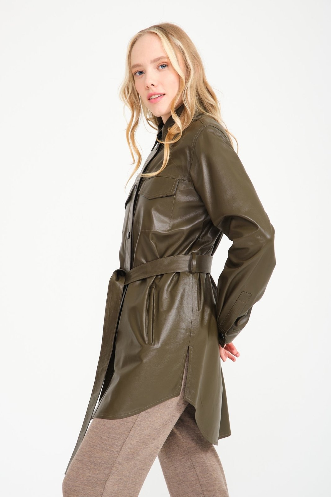 Khaki Leather Coat - ADAMO