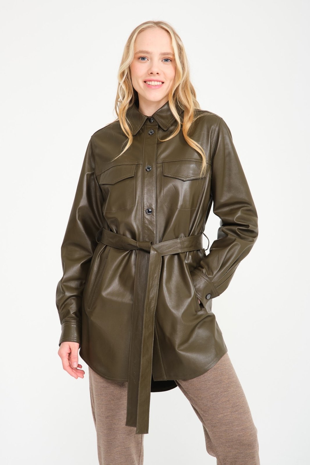 Khaki Leather Coat - ADAMO