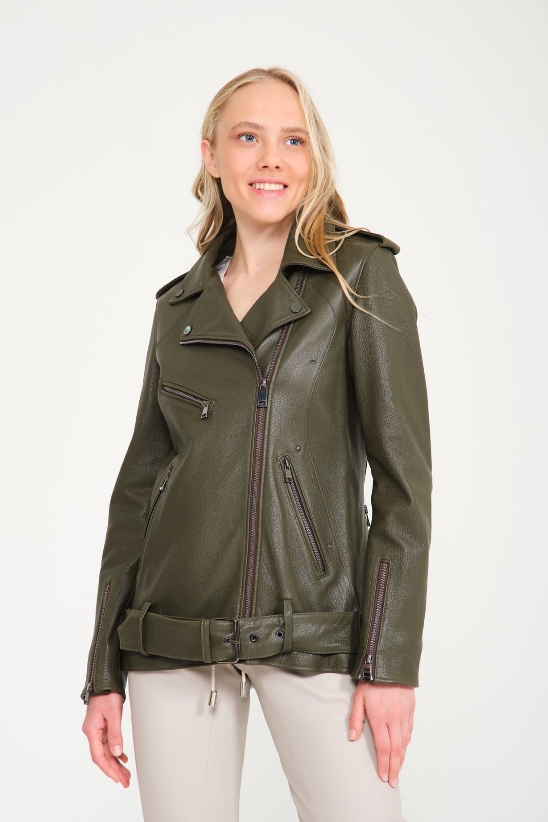 Khaki Leather Jacket - ADAMO