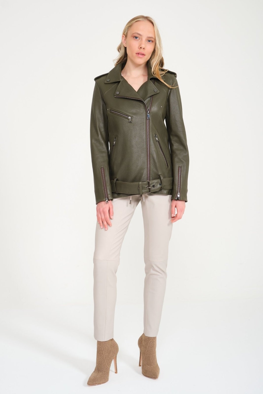 Khaki Leather Jacket - ADAMO