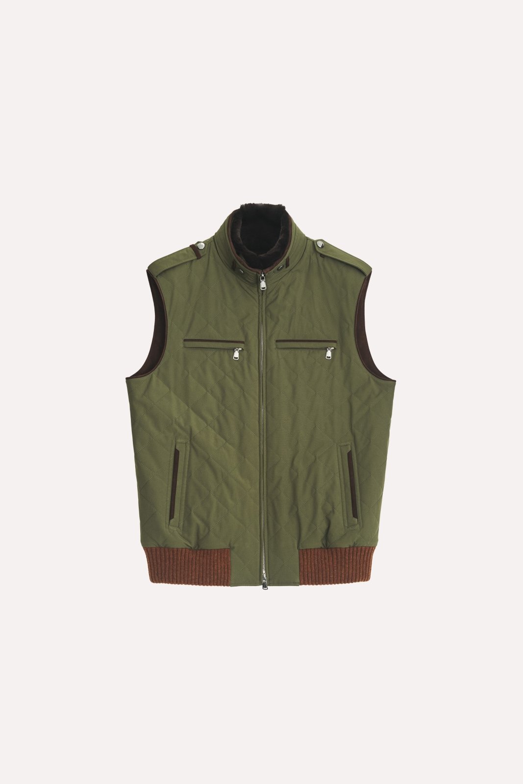 Khaki Quilted Vest w/ Rex Collar - ADAMO