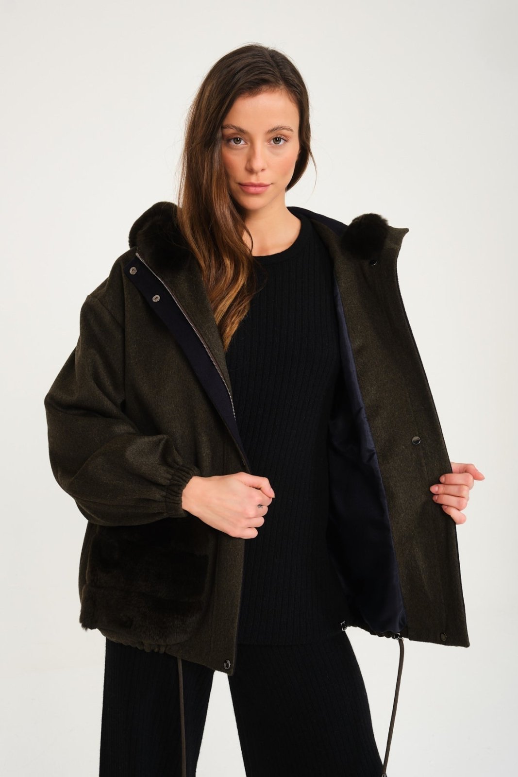 Khaki Wool & Rex Fur Coat - ADAMO