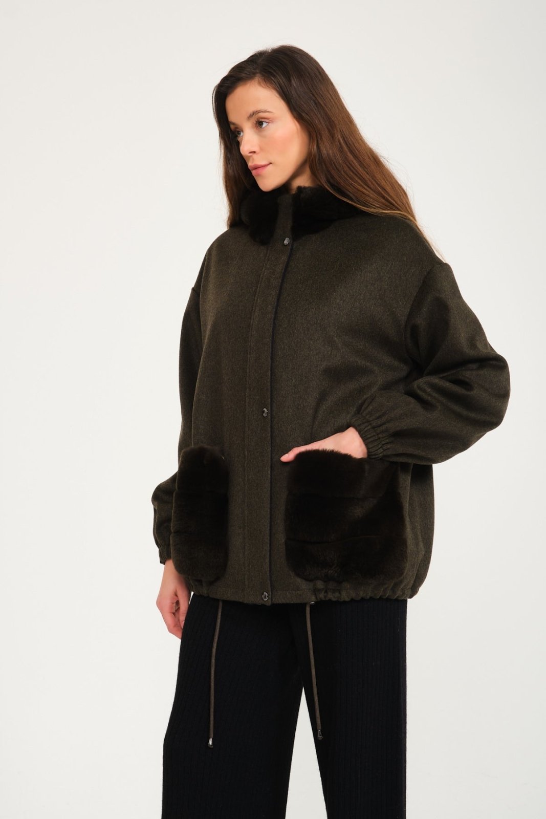 Khaki Wool & Rex Fur Coat - ADAMO