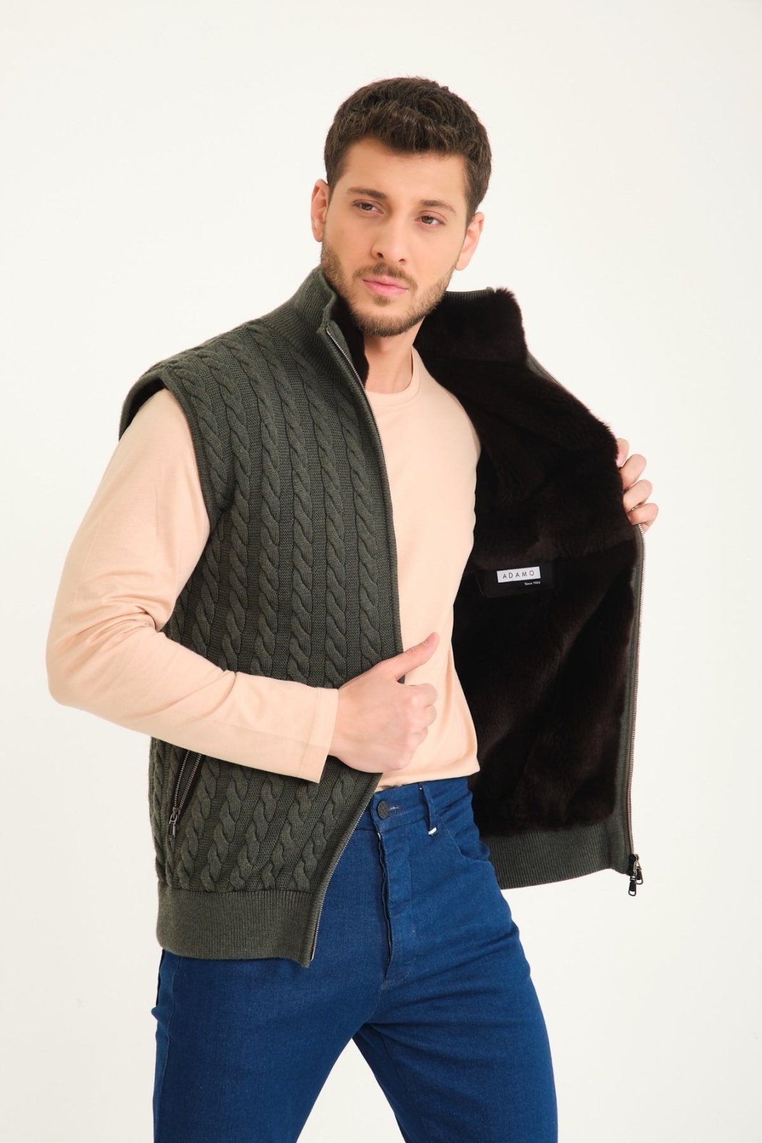 Khaki Wool & Rex Fur Knit Vest - ADAMO