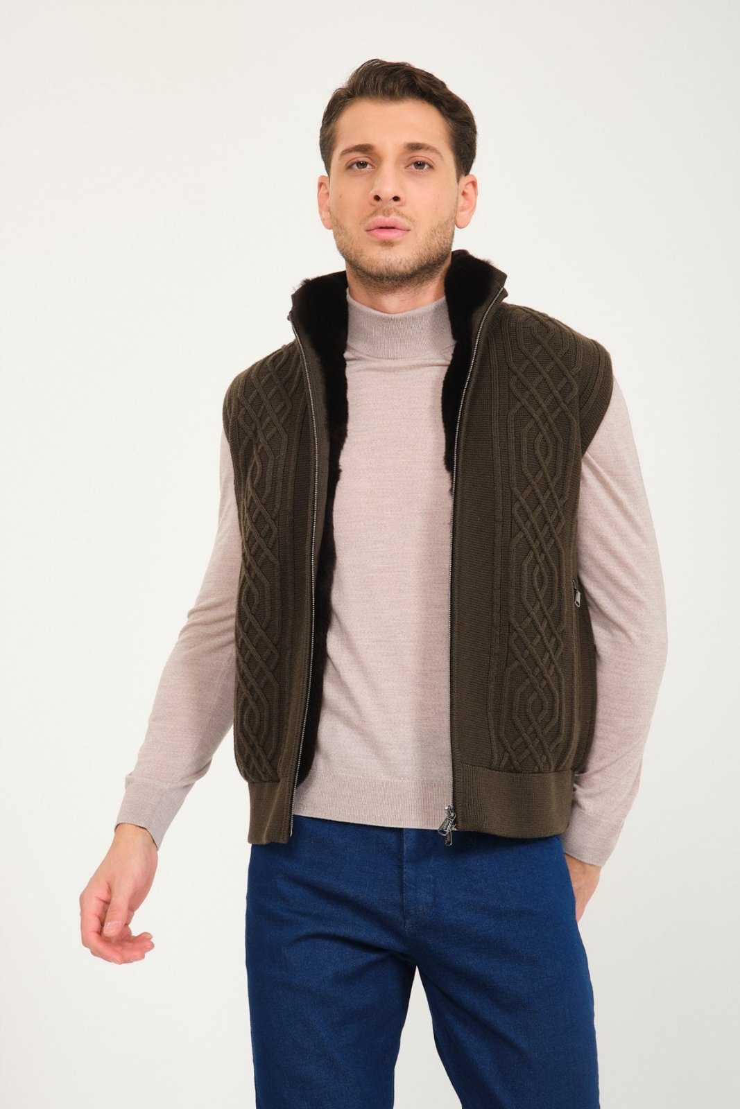 Khaki Wool & Rex Fur Knit Vest - ADAMO