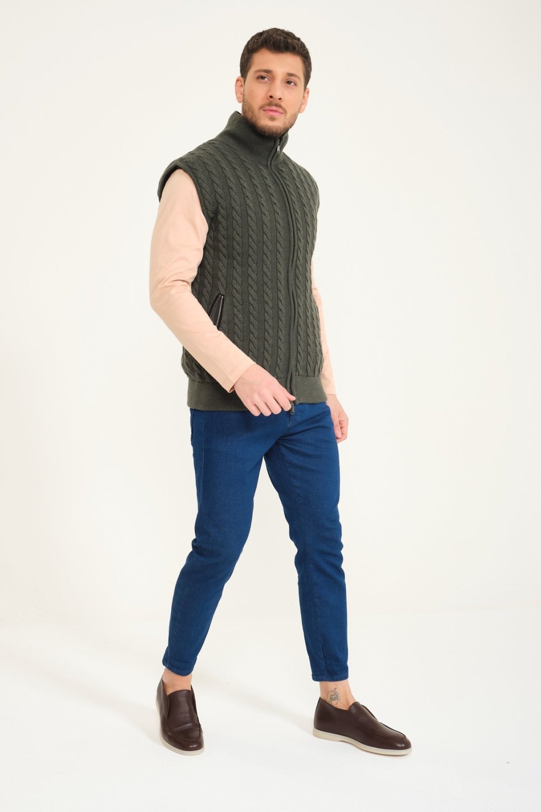 Khaki Wool & Rex Fur Knit Vest - ADAMO